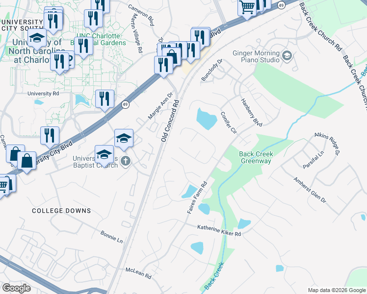 map of restaurants, bars, coffee shops, grocery stores, and more near 9711 Baxter Caldwell Drive in Charlotte
