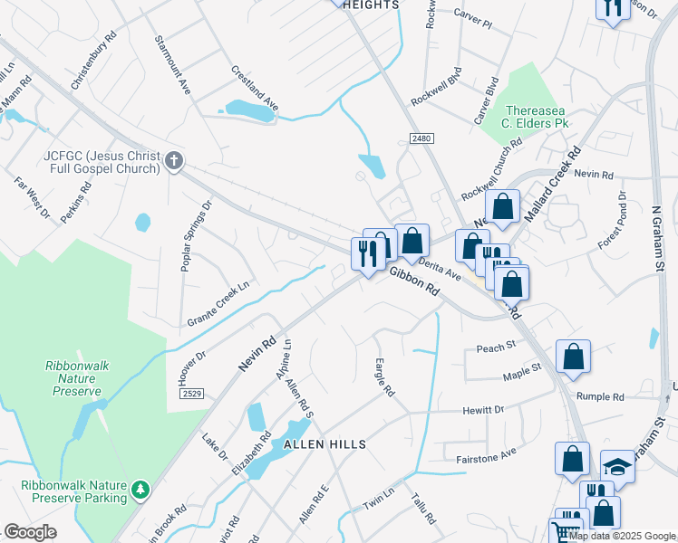 map of restaurants, bars, coffee shops, grocery stores, and more near 3146 Baroda Lane in Charlotte
