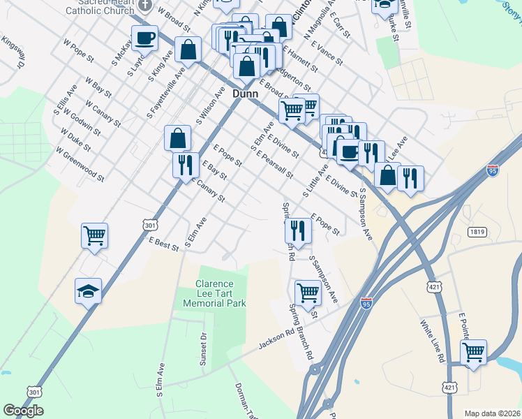 map of restaurants, bars, coffee shops, grocery stores, and more near 607 East Bay Street in Dunn