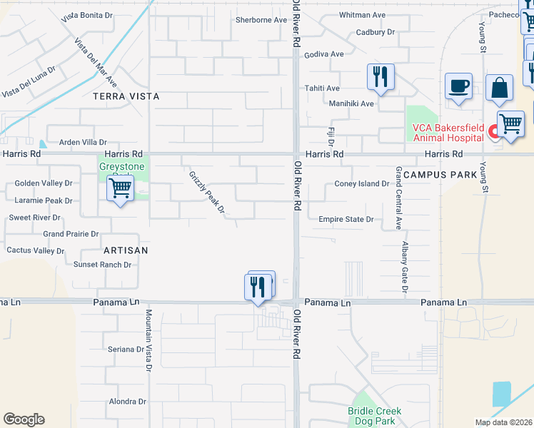 map of restaurants, bars, coffee shops, grocery stores, and more near 9814 Buckhorn Peak Drive in Bakersfield