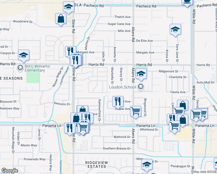 map of restaurants, bars, coffee shops, grocery stores, and more near 5905 Cedar Glen Lane in Bakersfield
