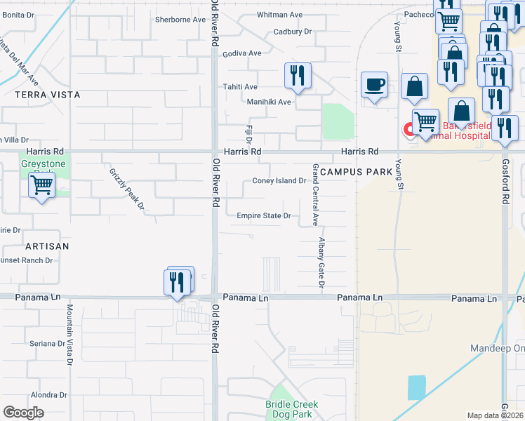 map of restaurants, bars, coffee shops, grocery stores, and more near 9419 Metropolitan Way in Bakersfield