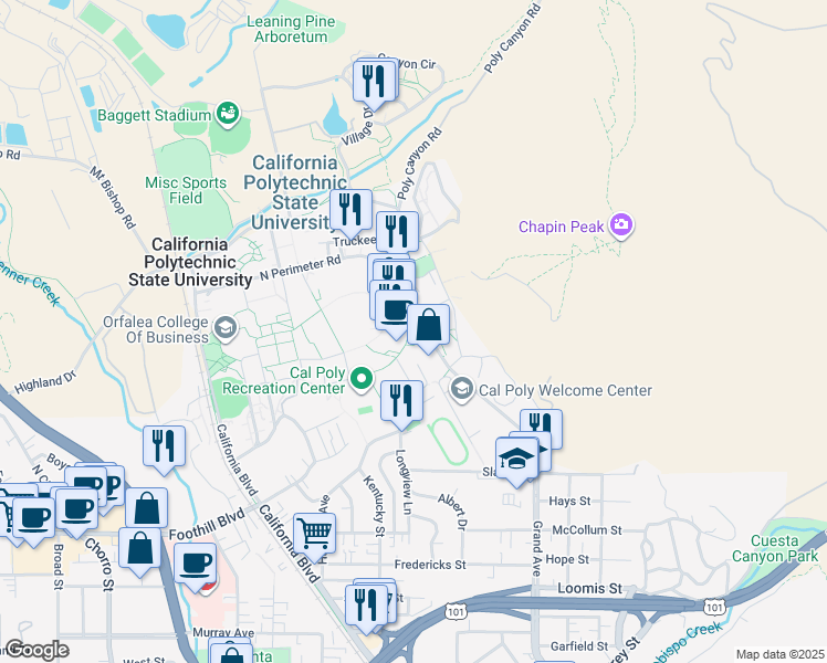 map of restaurants, bars, coffee shops, grocery stores, and more near 1 Grand Avenue in San Luis Obispo
