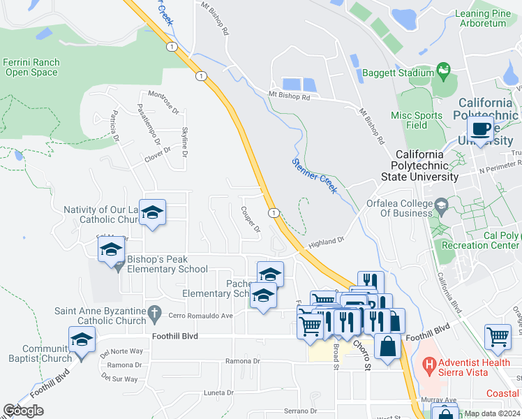 map of restaurants, bars, coffee shops, grocery stores, and more near 566 Westmont Avenue in San Luis Obispo