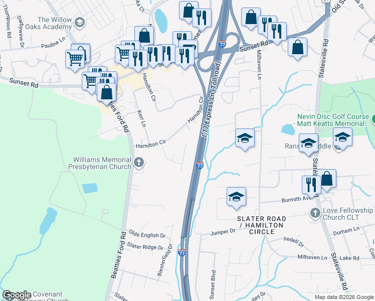 map of restaurants, bars, coffee shops, grocery stores, and more near 5941 Hamilton Oaks Drive in Charlotte