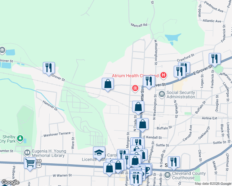 map of restaurants, bars, coffee shops, grocery stores, and more near 222 Lee Street in Shelby