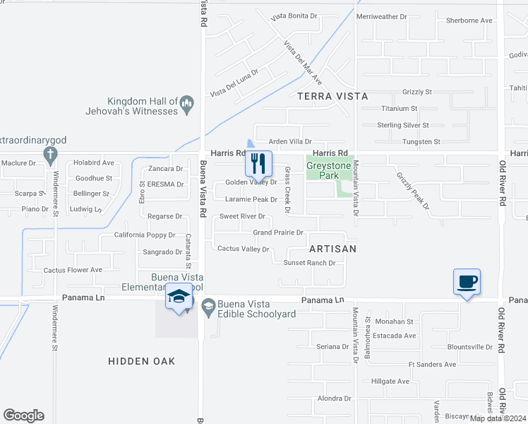 map of restaurants, bars, coffee shops, grocery stores, and more near 10910 Sweet River Drive in Bakersfield