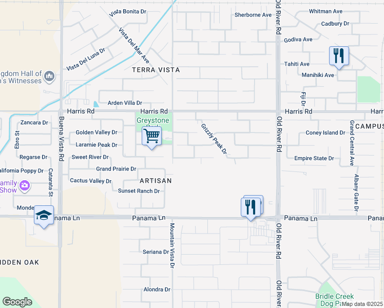 map of restaurants, bars, coffee shops, grocery stores, and more near 10316 Sharktooth Peak Drive in Bakersfield