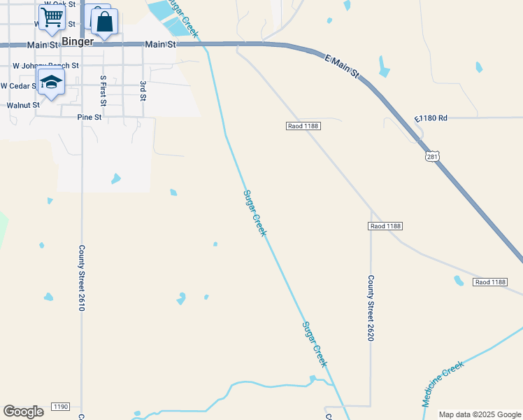 map of restaurants, bars, coffee shops, grocery stores, and more near in Binger