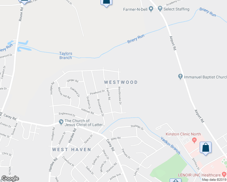 map of restaurants, bars, coffee shops, grocery stores, and more near 2702 Pinehurst Drive in Kinston