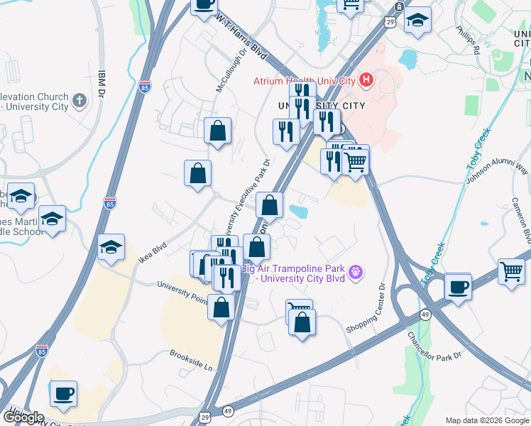 map of restaurants, bars, coffee shops, grocery stores, and more near N Tryon St & McCullough Dr in Charlotte