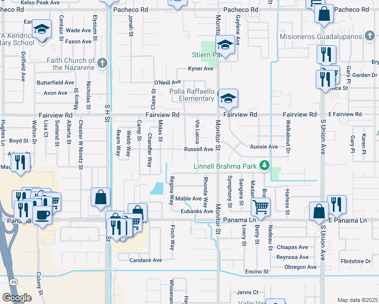 map of restaurants, bars, coffee shops, grocery stores, and more near 5900 Osborne Street in Bakersfield