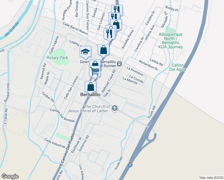 map of restaurants, bars, coffee shops, grocery stores, and more near 940 Oak Street in Bernalillo