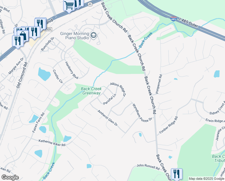 map of restaurants, bars, coffee shops, grocery stores, and more near 10311 Atkins Ridge Drive in Charlotte