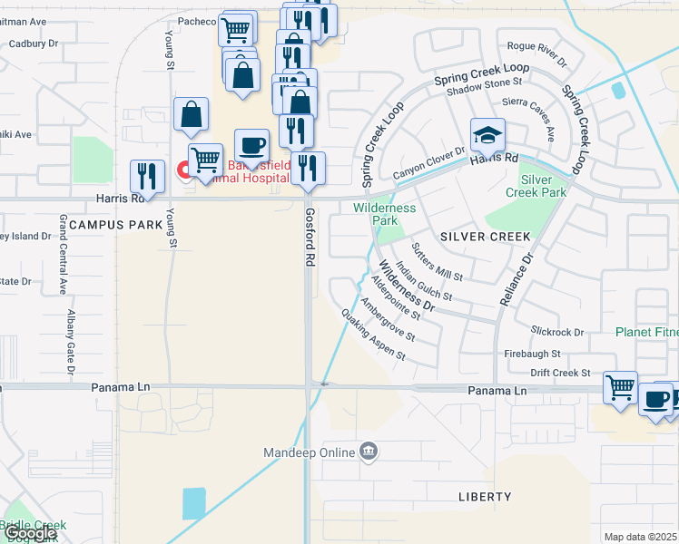 map of restaurants, bars, coffee shops, grocery stores, and more near 8000 Fallen Pine Way in Bakersfield