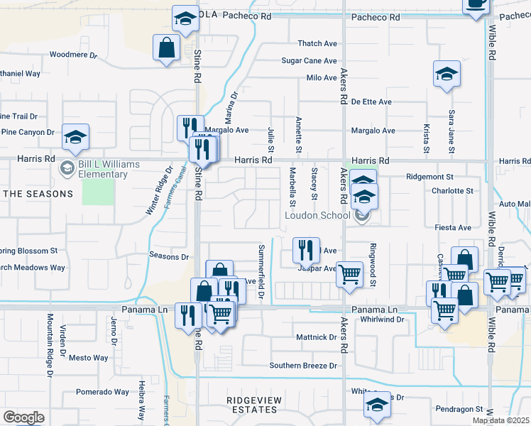 map of restaurants, bars, coffee shops, grocery stores, and more near 5905 Cedar Glen Lane in Bakersfield