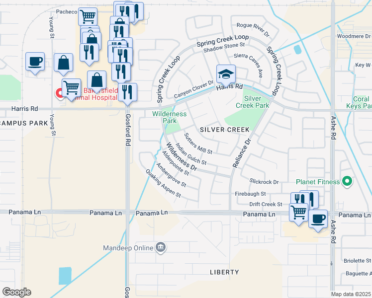 map of restaurants, bars, coffee shops, grocery stores, and more near 7612 Indian Gulch Street in Bakersfield