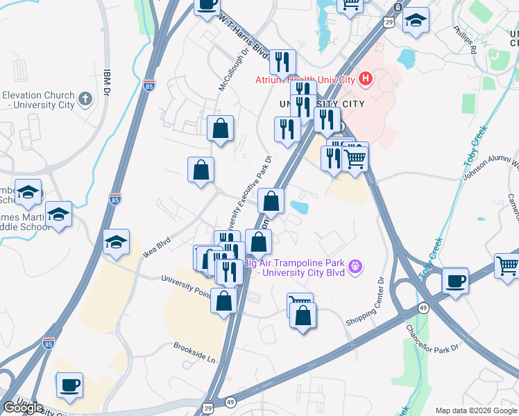 map of restaurants, bars, coffee shops, grocery stores, and more near 8302 University Executive Park Drive in Charlotte