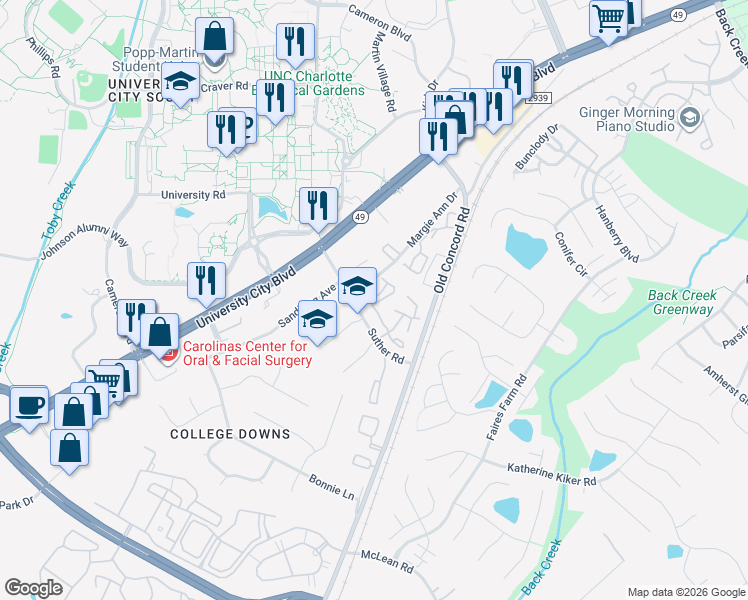 map of restaurants, bars, coffee shops, grocery stores, and more near 9613 Vinca Circle in Charlotte