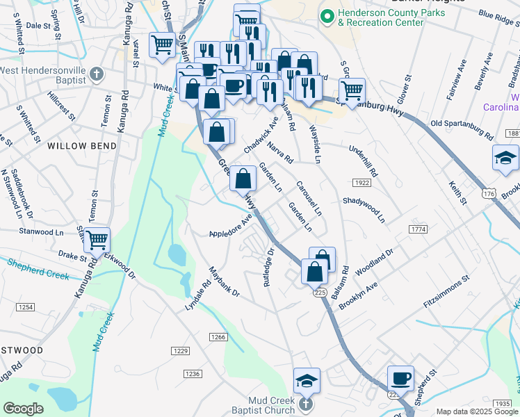 map of restaurants, bars, coffee shops, grocery stores, and more near 1001 North Carolina 225 in Hendersonville