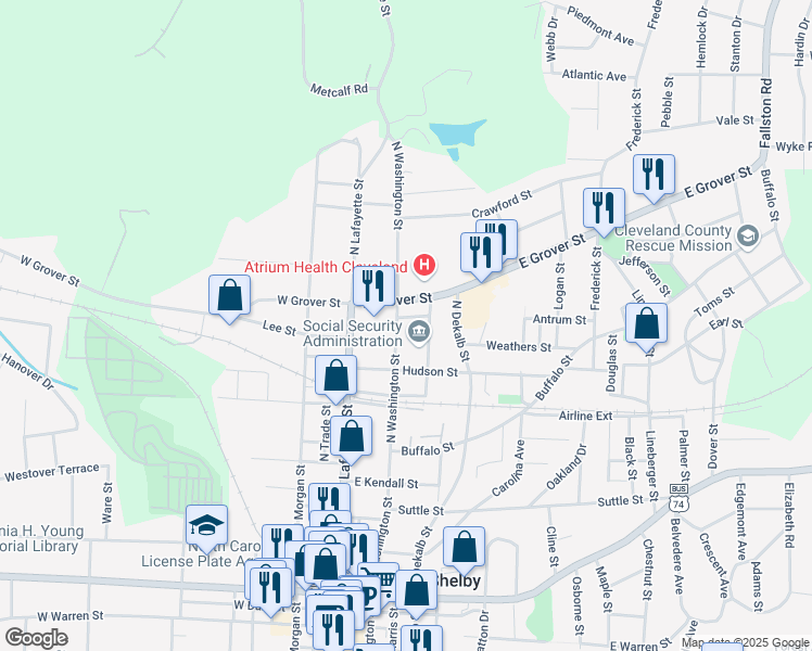 map of restaurants, bars, coffee shops, grocery stores, and more near 808 North Washington Street in Shelby