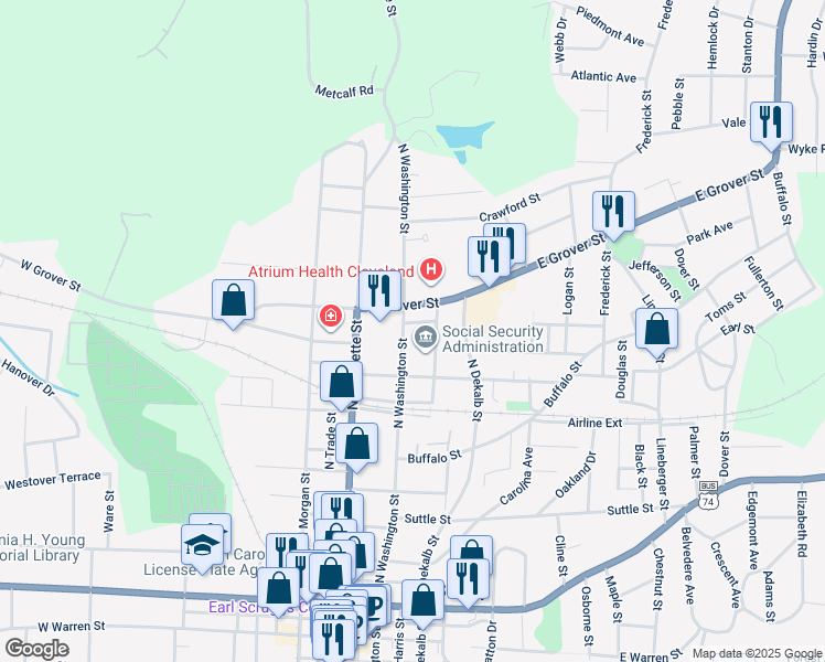 map of restaurants, bars, coffee shops, grocery stores, and more near 808 North Washington Street in Shelby
