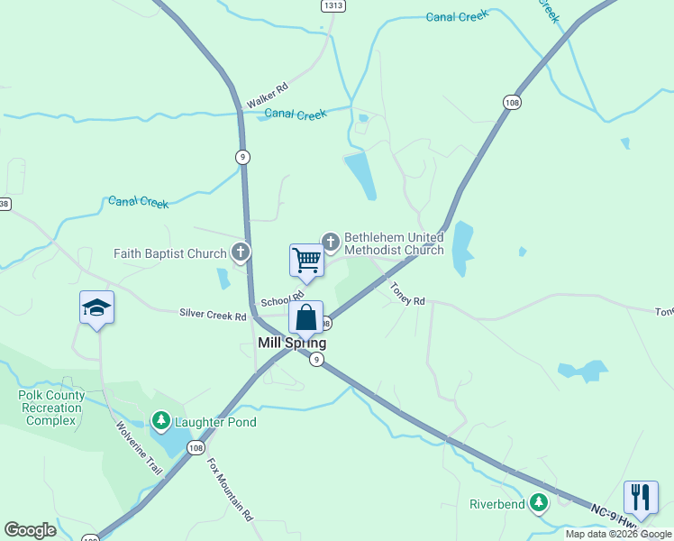 map of restaurants, bars, coffee shops, grocery stores, and more near 311 School Road in Mill Spring