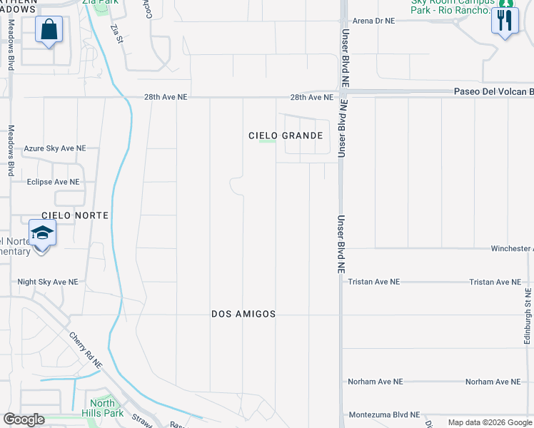 map of restaurants, bars, coffee shops, grocery stores, and more near 2611 Box Lake Drive Northeast in Rio Rancho