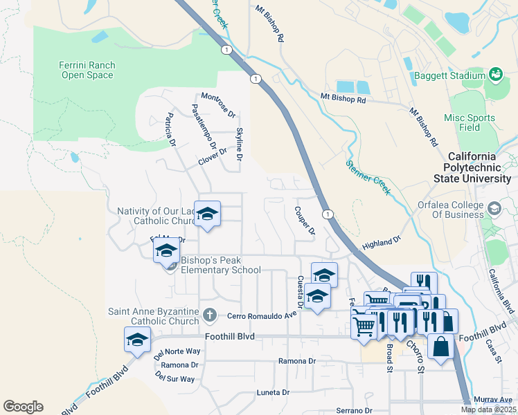 map of restaurants, bars, coffee shops, grocery stores, and more near 660 Stanford Drive in San Luis Obispo