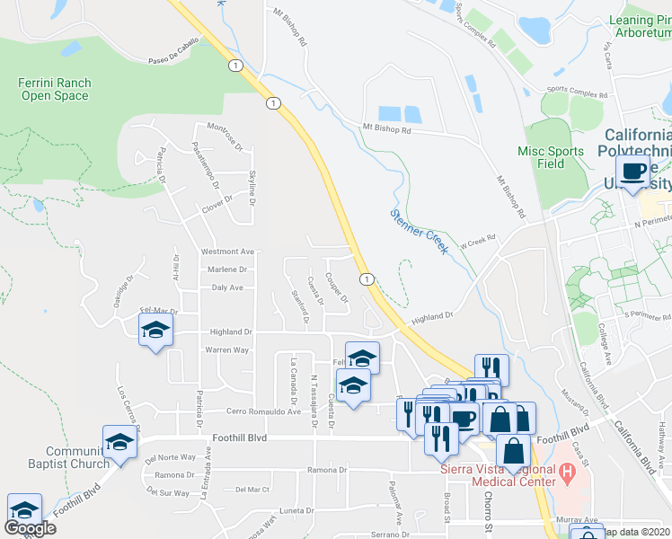 map of restaurants, bars, coffee shops, grocery stores, and more near 566 Westmont Avenue in San Luis Obispo