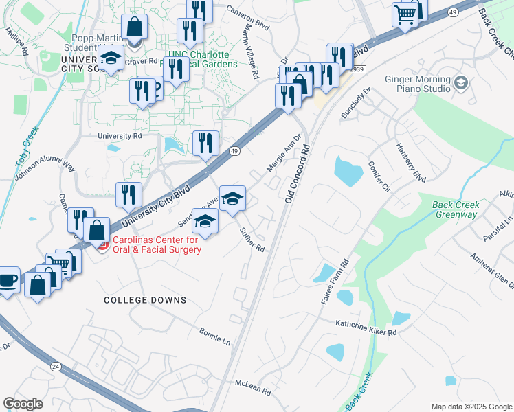 map of restaurants, bars, coffee shops, grocery stores, and more near 9619 Vinca Crescent in Charlotte