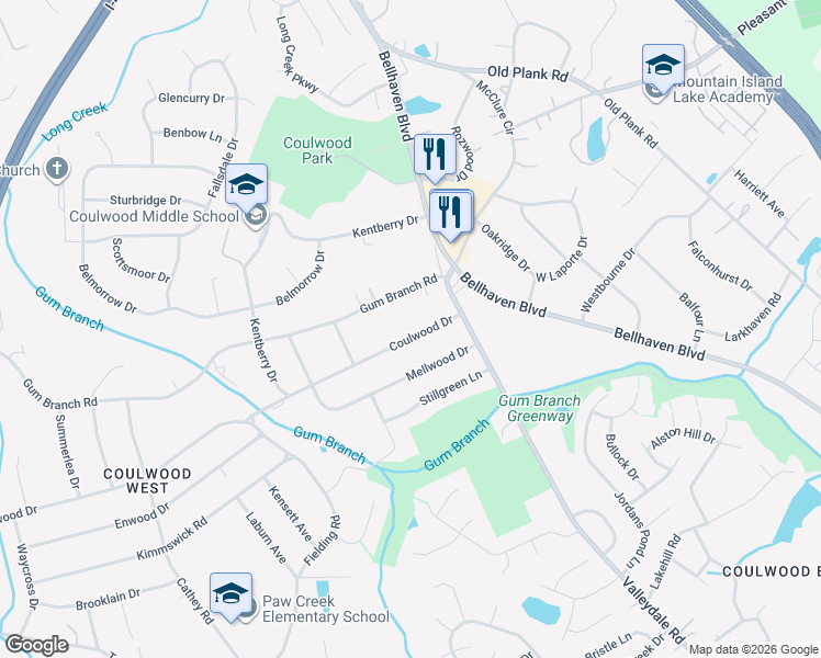 map of restaurants, bars, coffee shops, grocery stores, and more near 144 Coulwood Drive in Charlotte