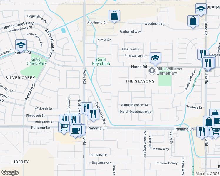 map of restaurants, bars, coffee shops, grocery stores, and more near 6107 Cartagena Avenue in Bakersfield