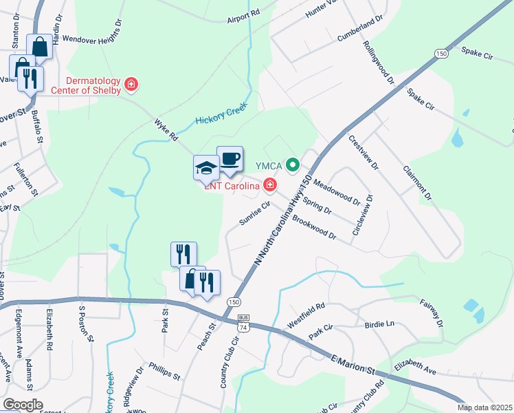 map of restaurants, bars, coffee shops, grocery stores, and more near 331 Sunrise Circle in Shelby