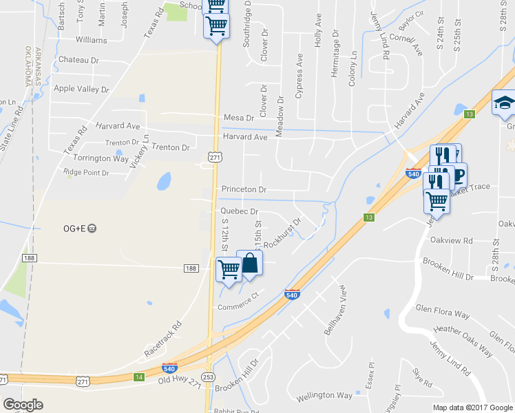 map of restaurants, bars, coffee shops, grocery stores, and more near 1315 Quebec Drive in Fort Smith