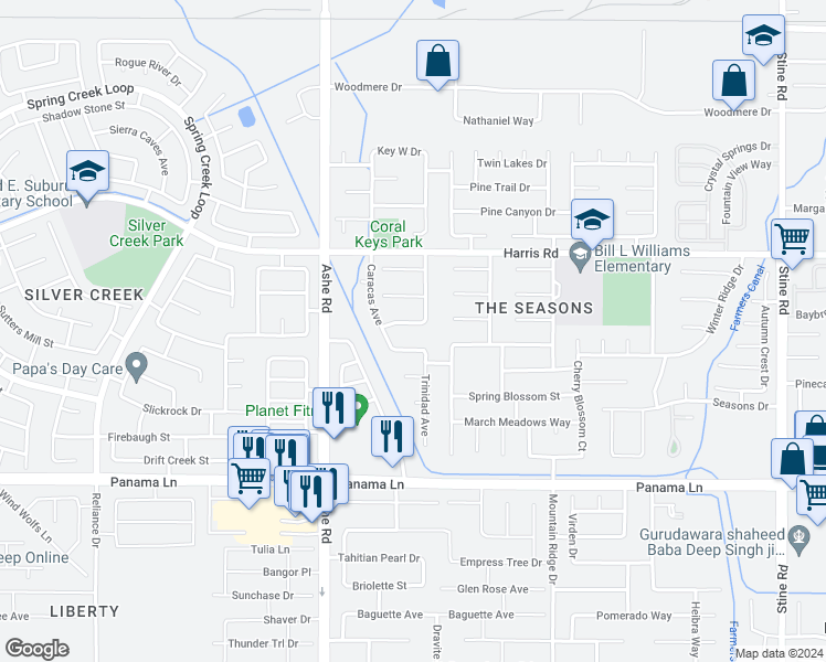 map of restaurants, bars, coffee shops, grocery stores, and more near 6115 Cartagena Avenue in Bakersfield