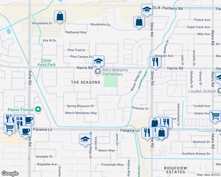 map of restaurants, bars, coffee shops, grocery stores, and more near 5902 Applecreek Court in Bakersfield
