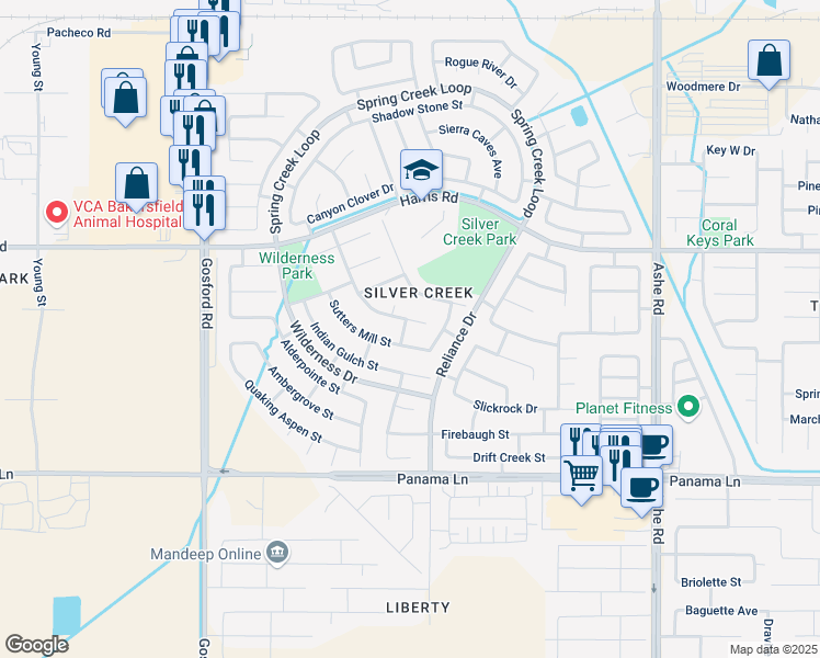 map of restaurants, bars, coffee shops, grocery stores, and more near 6212 Kettlerock Mountain Court in Bakersfield