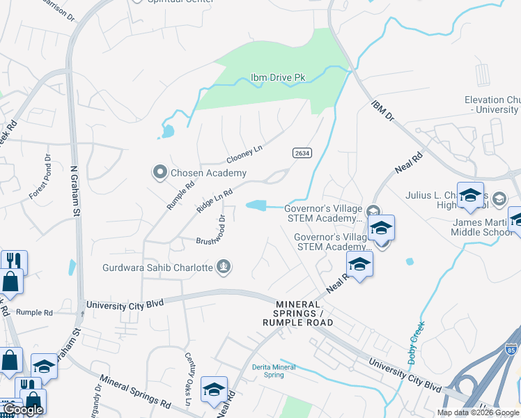 map of restaurants, bars, coffee shops, grocery stores, and more near 7100 Ridge Lane Road in Charlotte