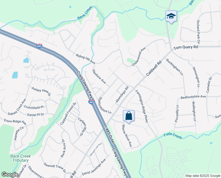 map of restaurants, bars, coffee shops, grocery stores, and more near 4415 Staffordshire Lane in Charlotte