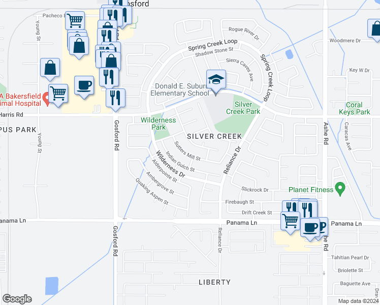 map of restaurants, bars, coffee shops, grocery stores, and more near 7508 Sutters Mill Street in Bakersfield