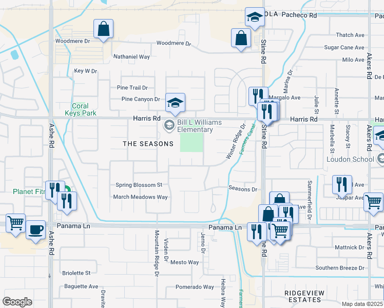 map of restaurants, bars, coffee shops, grocery stores, and more near 5902 Applecreek Court in Bakersfield