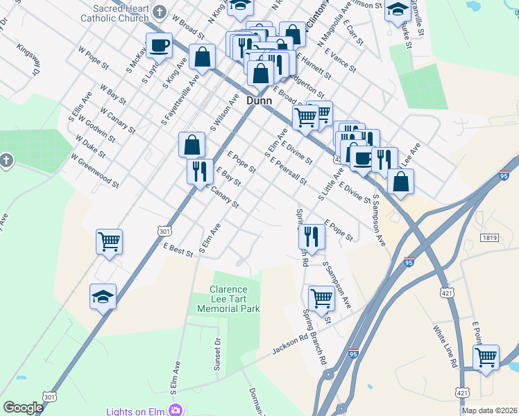 map of restaurants, bars, coffee shops, grocery stores, and more near 603 S Washington Ave in Dunn