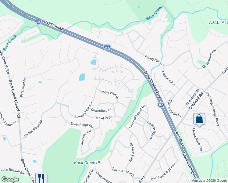 map of restaurants, bars, coffee shops, grocery stores, and more near 3501 Ashley View Drive in Charlotte