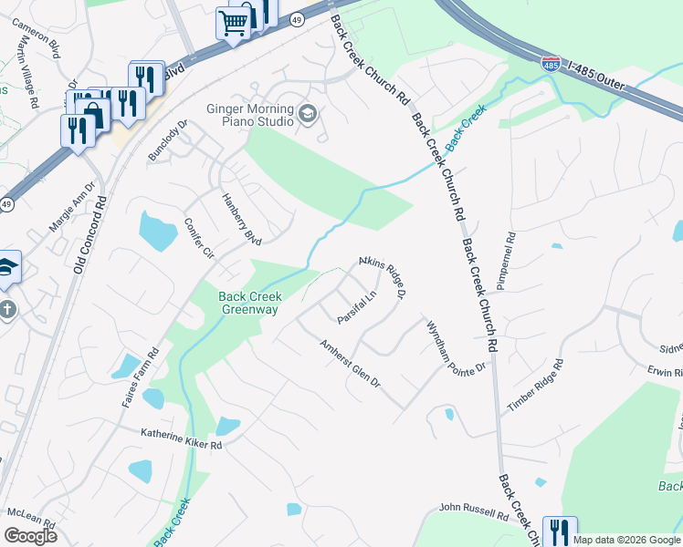 map of restaurants, bars, coffee shops, grocery stores, and more near 10402 Atkins Ridge Drive in Charlotte