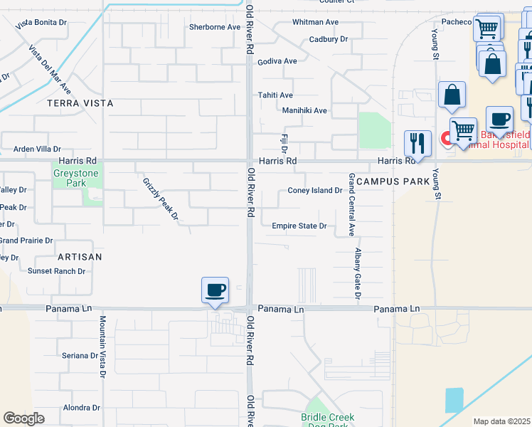 map of restaurants, bars, coffee shops, grocery stores, and more near 9509 Metropolitan Way in Bakersfield