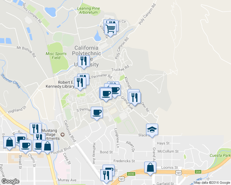 map of restaurants, bars, coffee shops, grocery stores, and more near 725 Grand Avenue in San Luis Obispo