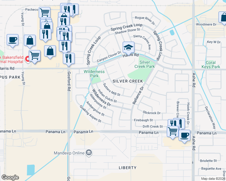 map of restaurants, bars, coffee shops, grocery stores, and more near 7520 Sutters Mill Street in Bakersfield