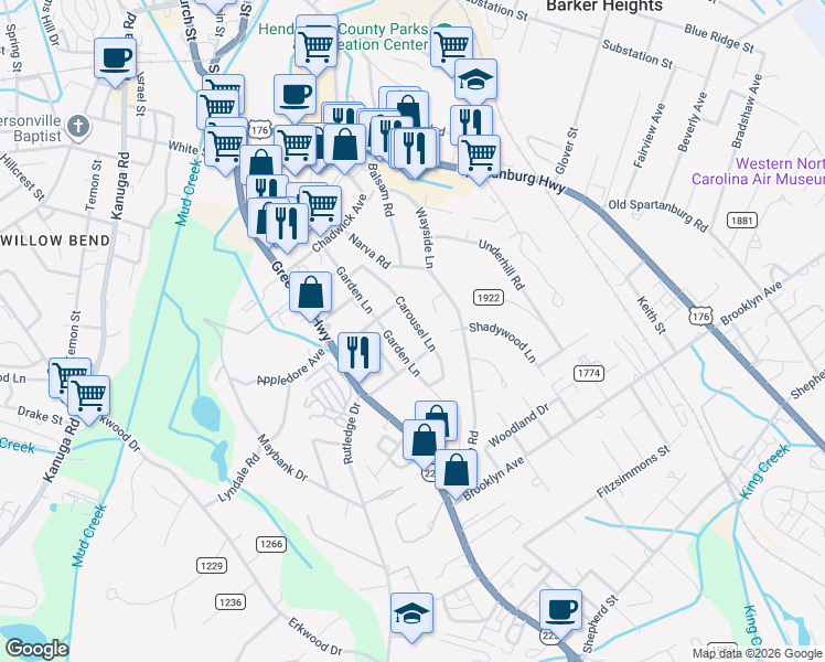 map of restaurants, bars, coffee shops, grocery stores, and more near 1136 Garden Lane in Hendersonville