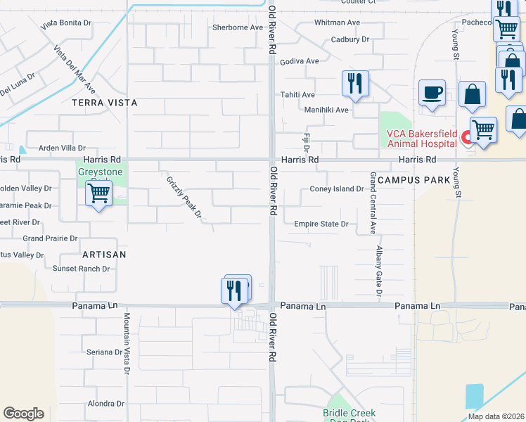 map of restaurants, bars, coffee shops, grocery stores, and more near 9707 Metropolitan Way in Bakersfield